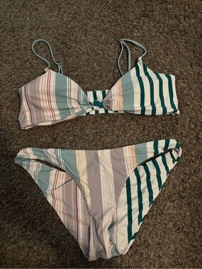 Billabong Striped Teal, Light Blue, White Bikini